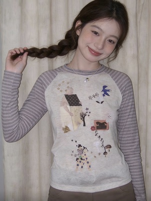 【现货】复古长袖T恤女春印花修身小个子洋气内搭打底衫