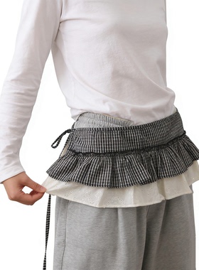 现货 纯棉刺绣蕾丝格子群帘女日系复古少女感一片式系带叠穿屁帘