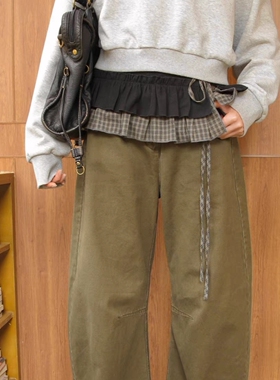 现货 韩系格子拼接屁帘系带半身裙短裙叠穿神器女秋冬外搭半裙