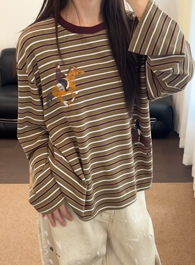 【正确版】复古套头圆领体恤衫上衣马术印花条纹长袖T恤女