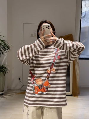 2026早春新款斜挎小马包条纹长袖t恤女美式宽松时尚百搭上衣女
