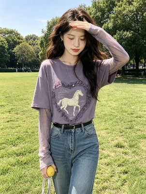 韩系渐变色网纱袖拼接T恤女2026新款春季御姐轻熟绝美小精致上衣
