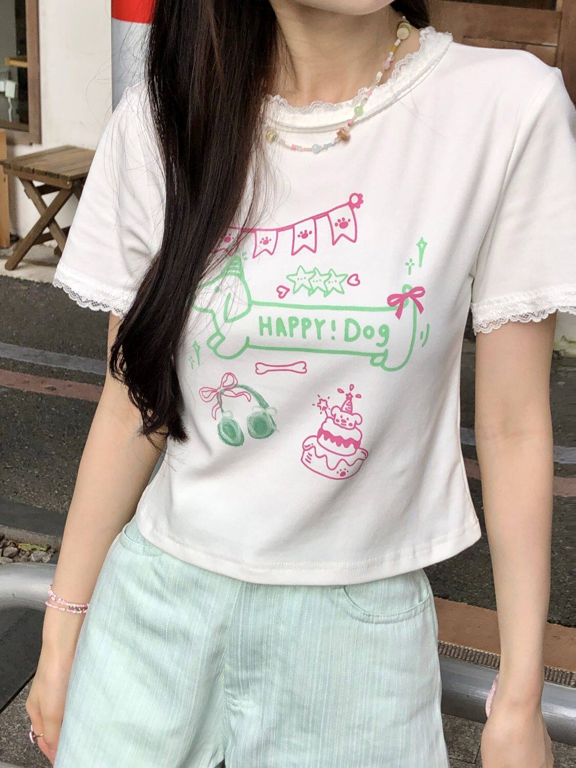 现货 腊肠狗正肩纯棉短袖T恤女夏季小个子修身拼接蕾丝边短款上衣