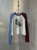 长袖 美式 条纹拼接插肩袖 T恤女打麻将刺绣百搭打底T恤潮牌上衣欧货