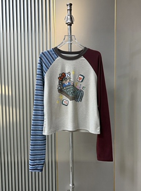 美式条纹拼接插肩袖长袖T恤女打麻将刺绣百搭打底T恤潮牌上衣欧货