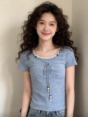 现货 海盐奶蓝蕾丝花边串珠抽绳坑条肌理修身夏季设计短袖T恤女