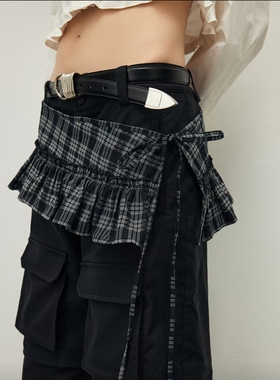 现货 轻量感叠穿低腰系带格纹花边腰封一片式短裙围挡屁帘