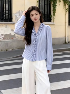 女显瘦蓝色木耳衬衣秋季 甜美花边v领收腰条纹长袖 衬衫