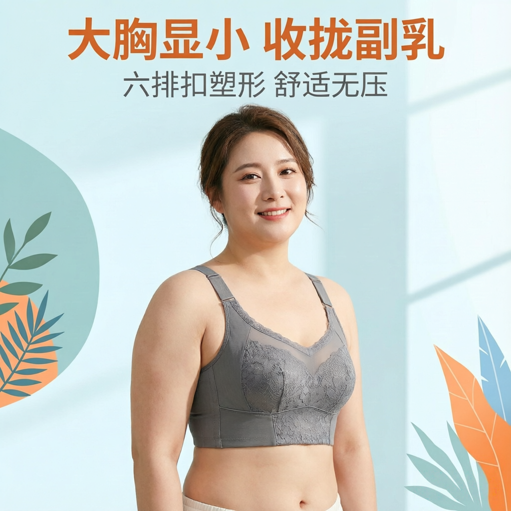 大胸显小六排扣塑形内衣女水婷美聚拢舒适上托收副乳文胸薄款夏季