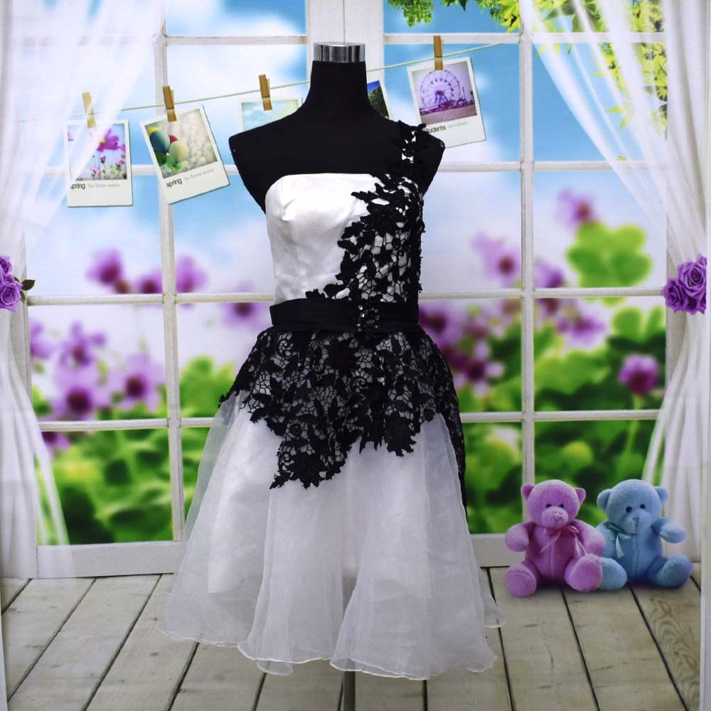 黑白撞色蕾丝单肩绑带欧根纱伴娘演出拍照短礼服腰78ff038