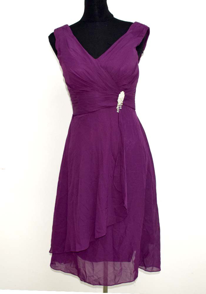 九九新礼服紫色双肩v领褶皱亮钻拍照写真演出短款腰围2尺hh194