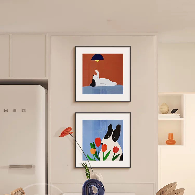 卡通小狗儿童房装饰画正方形餐厅壁画现代简约餐边柜摆画饭厅挂画图片