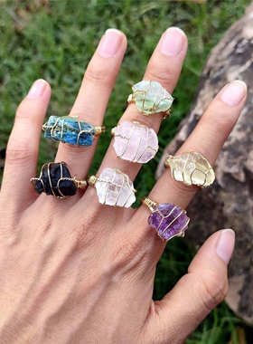 天然石纯手工缠绕水晶原石戒指开口可调节时尚小众饰品ring