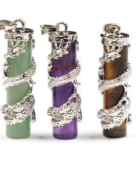 欧美旗舰店饰品紫水晶绿东陵虎眼石威武龙抱圆柱吊坠ebay水晶吊坠