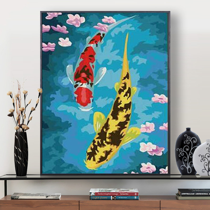 diy数字油画九鱼图风景填色中式手工涂色油彩丙烯画书房客厅装饰