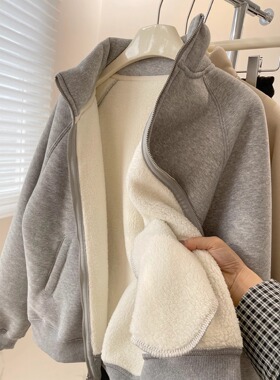 冬季小暖炉加厚羊羔绒卫衣外套女通勤百搭保暖休闲立领拉链开衫尚