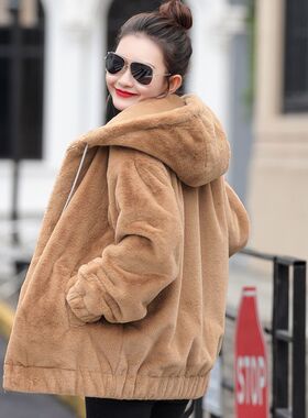 加绒加厚兔毛连帽外套女新款韩版宽松毛绒长袖开衫上爆款秋冬保暖