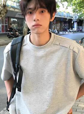 白灰色cleanfit正肩T恤男夏季解构拼接重磅短袖美式高街半袖上衣