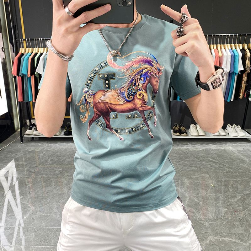 欧洲站夏季新款修身短袖青少年男士时尚烫钻印花潮流百搭T恤大码