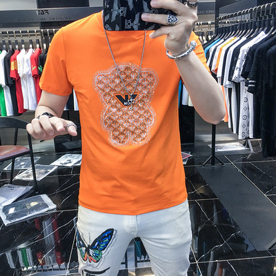 欧洲站烫钻短袖t恤男纯棉夏季