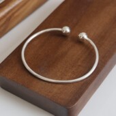 S925银对珠圆珠手环简约开口手镯女设计轻奢小众空心银镯子女