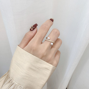 珍珠戒指2023新款女韩国双层交叉时尚气质真金电镀珍珠戒指设计感