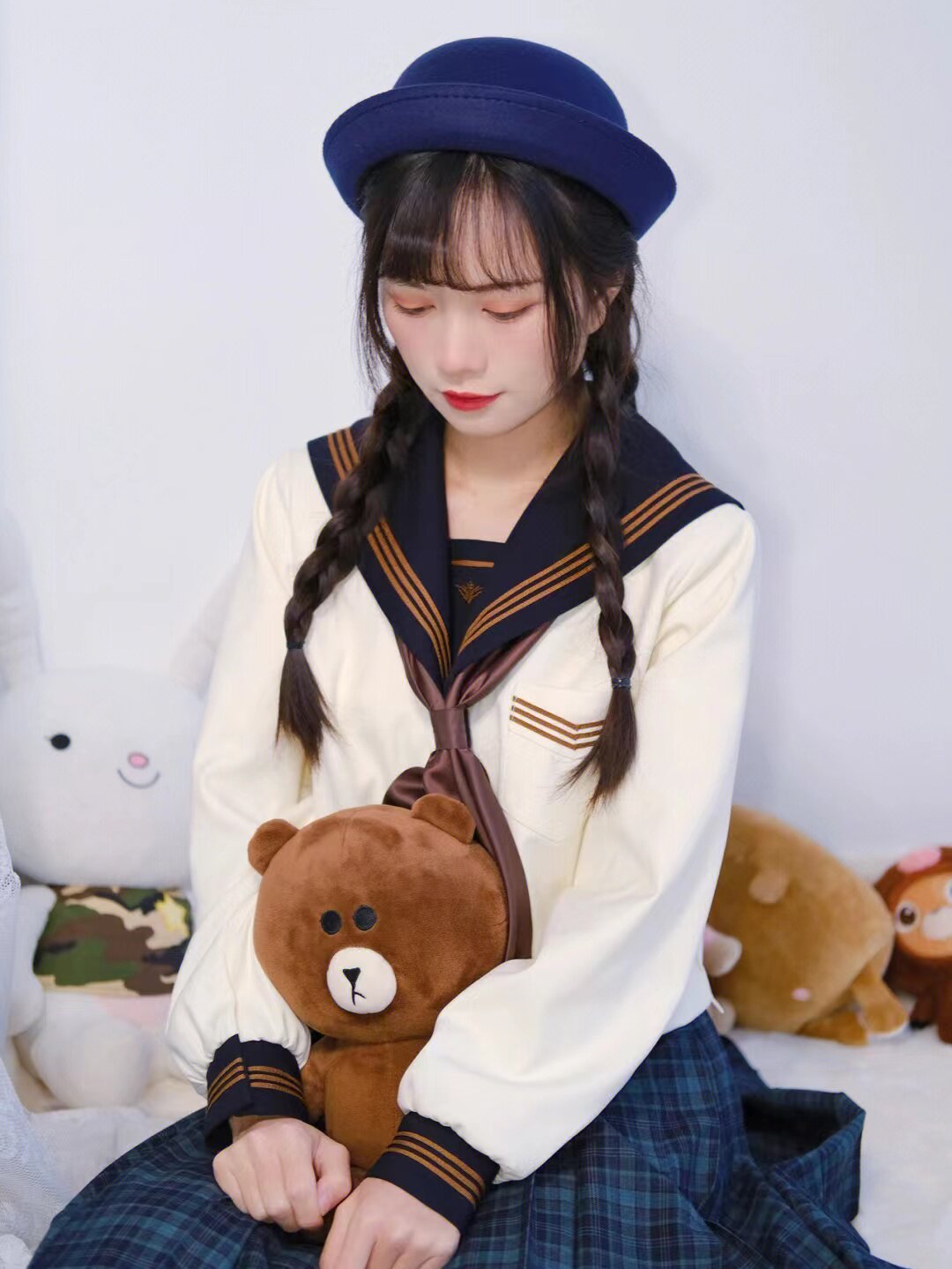 츠키노 하우스 차 깃털 미디엄 슈트 JK 스커트 여성 세일러복 긴팔 모피 스웨터 가디건 가을 겨울