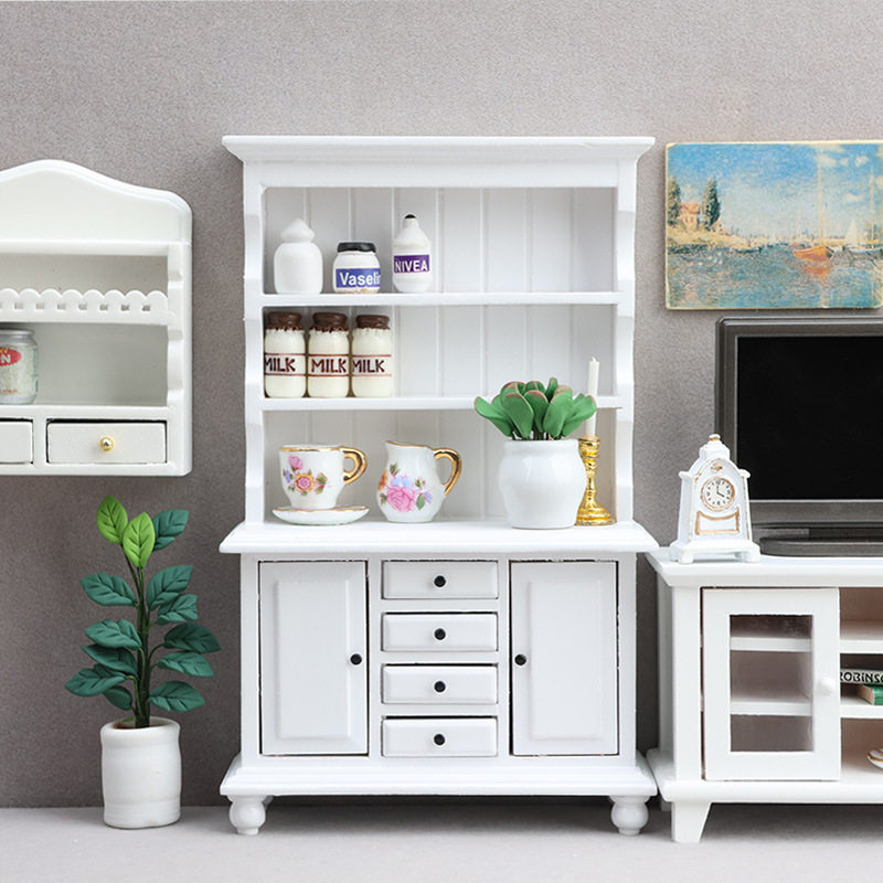 1:12dollhouse娃娃屋迷你小家具微缩场景白色双门抽屉展示收纳柜