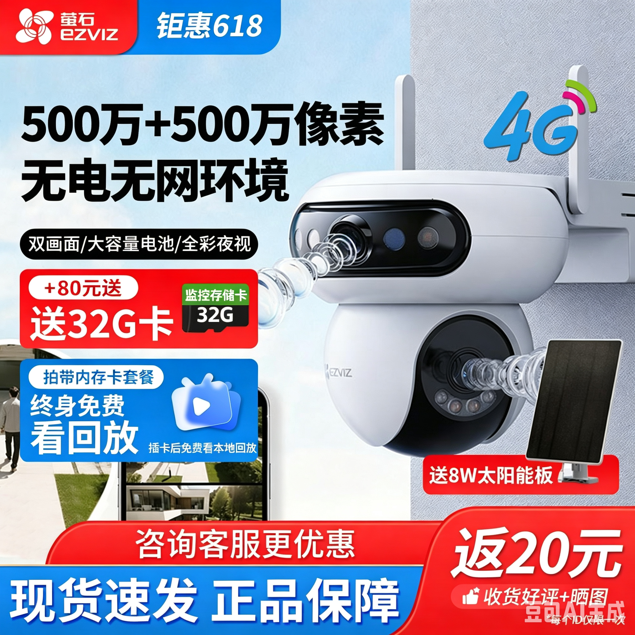 萤石太阳能摄像头HB90电池监控4G免费流量H90摄影头全彩高清对讲