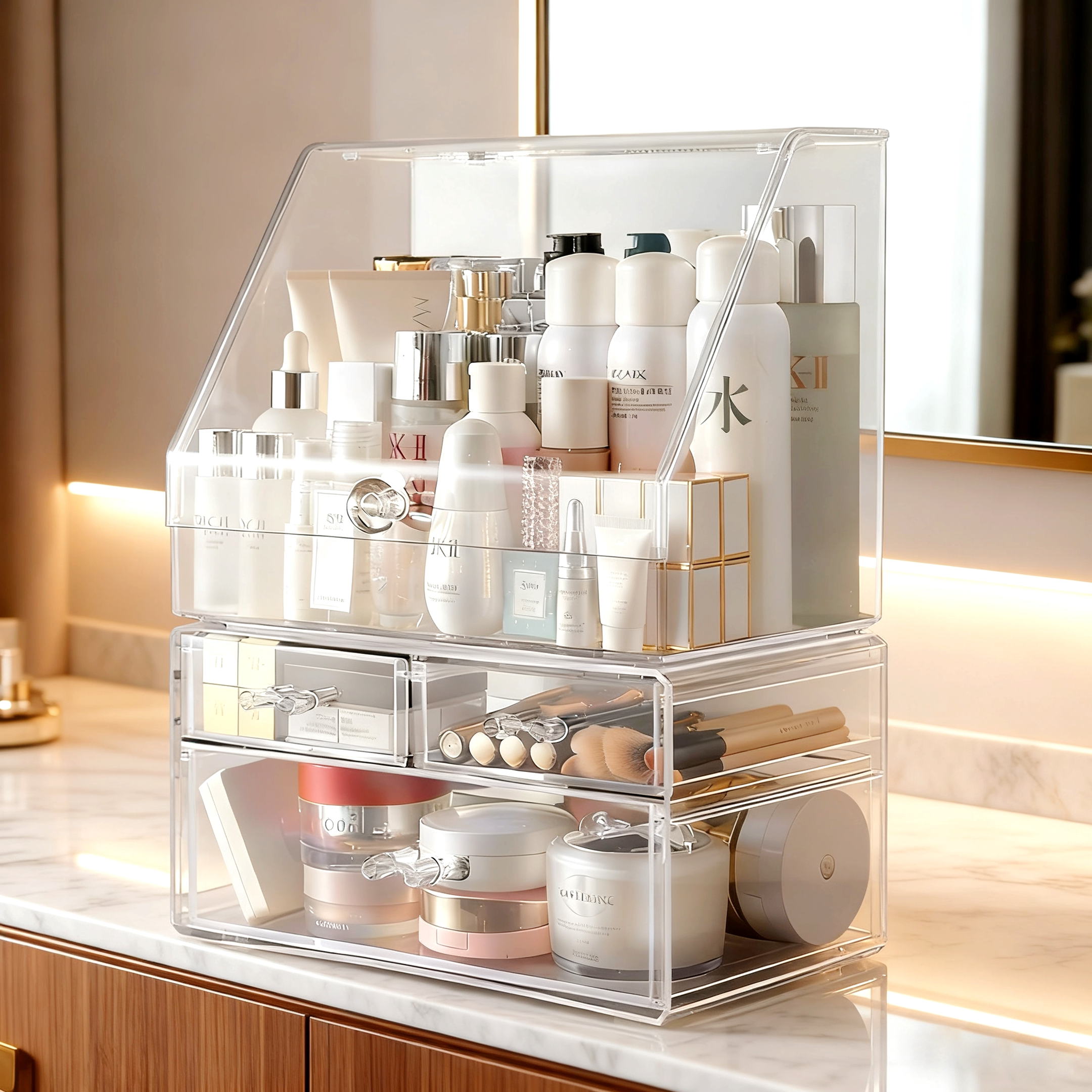 化妆品收纳盒防尘梳妆台护肤品口红桌面置物架透明亚克力整理箱柜