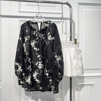 中式高级感精美刺绣长袖苎麻衬衫