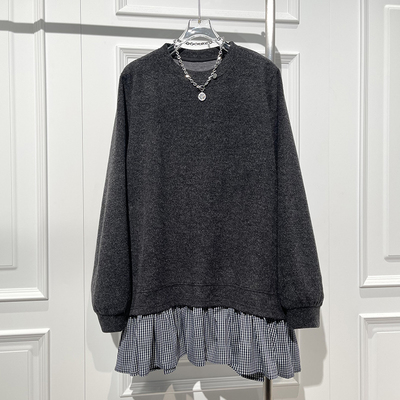 宽松磨毛休闲风拼接格子叠穿卫衣