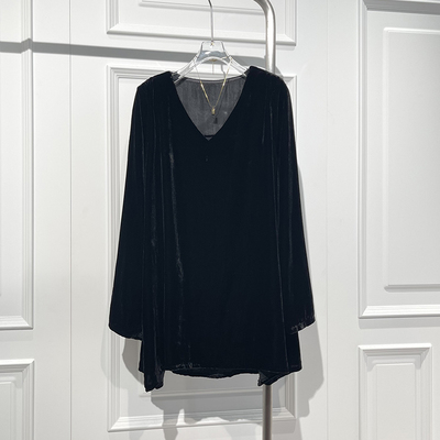 宽松极简风长袖真丝丝绒中长上衣