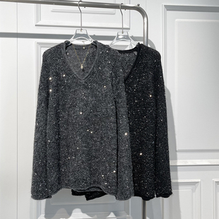 慵懒风百搭V领亮片舒适软糯毛衣小衫女2025秋甜美高级感气质上衣