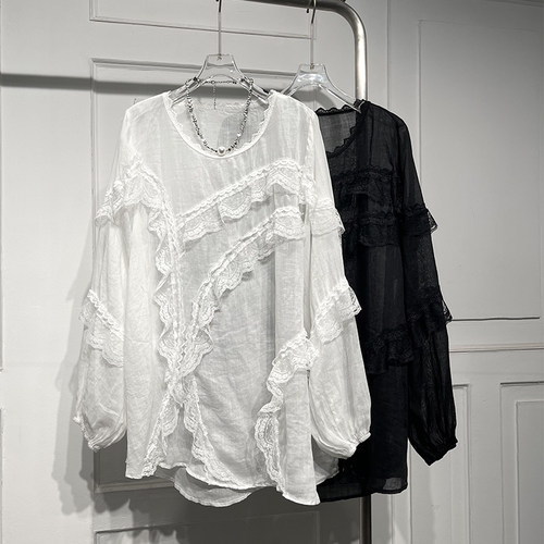 宽松高级感拼蕾丝长袖苎麻衬衫潮