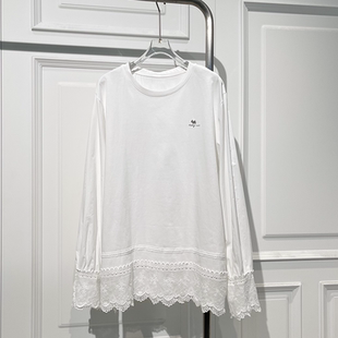 时尚百搭冬新款拼接设计长袖T恤小衫女宽松大版遮肉打底中长上衣