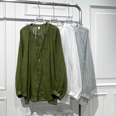 时尚通勤气质百搭V系带亚麻衬衫