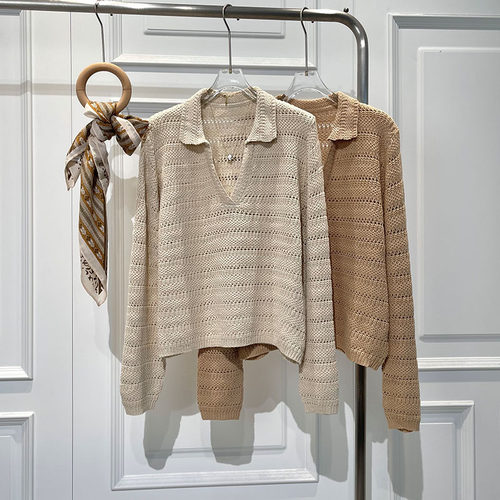 慵懒风优雅翻领镂空长袖针织衫潮