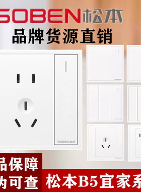 松本开关插座86型二三插一开五孔墙壁插单控双控大面板开关B5白色