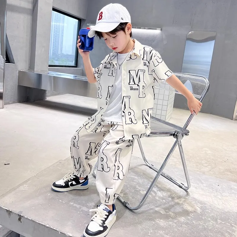 男童夏季衬衫套装2025新款洋气儿童短袖防蚊长裤痞帅夏装衬衣潮酷
