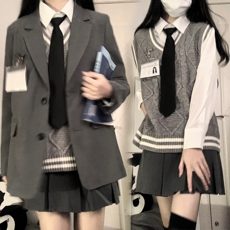 秋冬日系甜酷学院风jk制服套装全套英伦外套衬衫毛衣马甲三件套裙