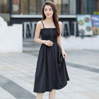 夏天新款小黑裙修身性感吊带连衣裙女显瘦无袖气质中长裙单穿外穿