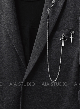 欧美朋克吊坠别针夹链链条胸针 男女长款十字架别针胸针西装配饰