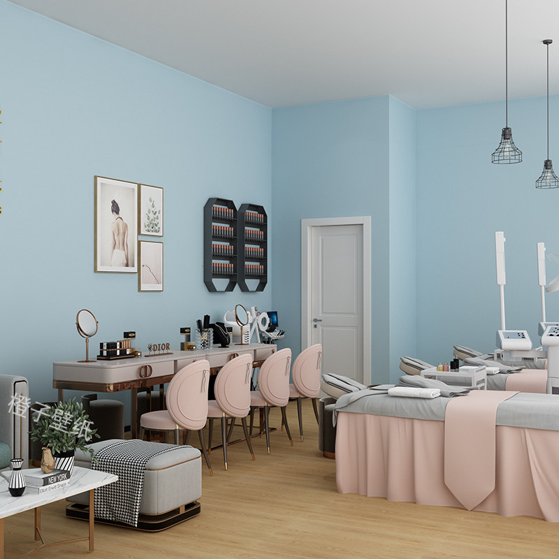 自粘墙纸背景墙蓝色2022新款网红美甲店美容院专用装修防水壁纸贴