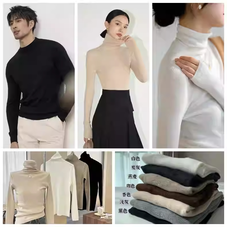 满2包邮 羊绒衫女半高领毛衣男女纯色圆领针织打底衫