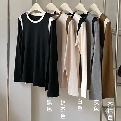 满2件包邮 秋冬bi备设计感拼色撞色洋气大弹圆领长袖T恤打底衫女