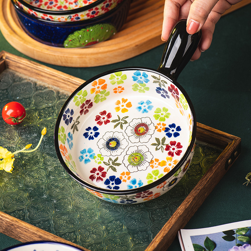 手绘手柄碗家用陶瓷碗复古餐具