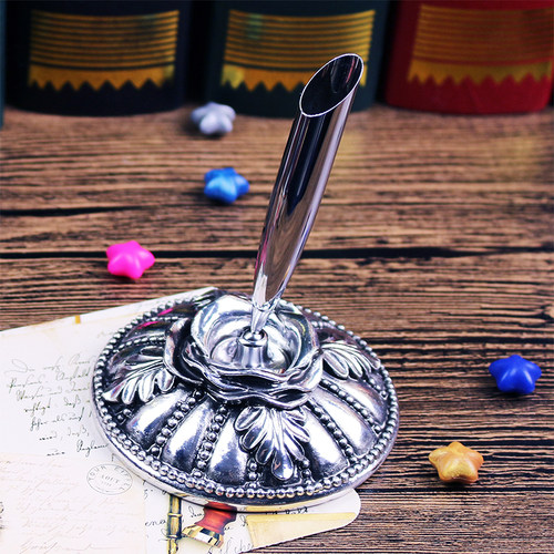 菲比羽墨笔座羽毛笔银色圆形