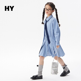 翡格依HY2026春季新款女童中大童韩版洋气条纹长袖连衣裙送领带