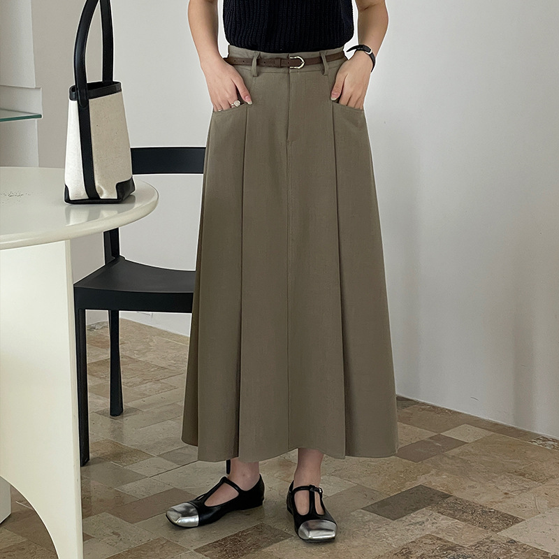 翡格依GN半裙女秋高腰显瘦A字百褶裙伞裙送腰带中长裙纯色马面裙